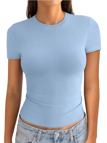 EasyGala Womens Cotton Crew Neck Short Sleeve Shirts Summer Top Fashion Y2k Crop Tops Round Neck Basic Slim Fit Going Out Tee Stretchy Trendy Tight Fitted Tops Baby Blue M