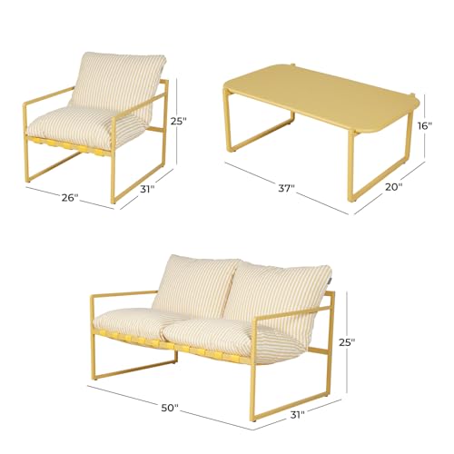 Grand patio Gartenmöbel 4er Set, Balkonmöbel Set 4 Personen mit Kissen, Lounge Möbel Outdoor mit Gartensofa, 2 Sessel, Tisch, Terassenmöbel Sitzgruppe Loungemöbel für Garten, Außen, Drinnen (Gelb)
