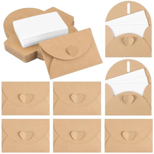 Lobaake Lot de 100 Mini-Enveloppes, Rétro Enveloppe Cadeau, Enveloppe Mariage avec Fermeture en Forme de Cœur pour Cartes-Cadeaux et Cartes de Remerciement à Faire Soi-Même