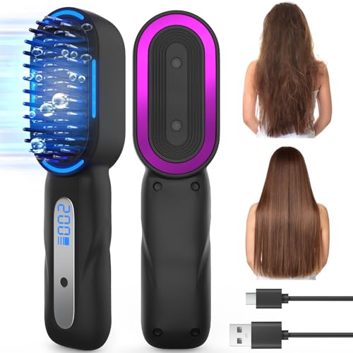 Cordless Hair Straightener Brush, Portable Negative Ion Hot Comb Hair Straightener for Travel, Rechargeable Mini Straightening Brush with LED Temperature Display, Carrying Pouch, Anti-Scald&Wireless -  Jitesy, YX-838