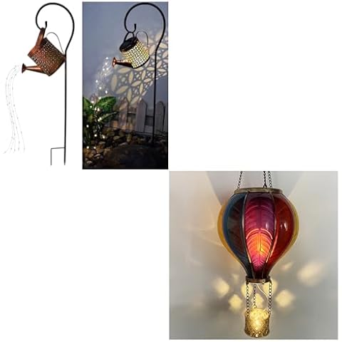 Solar Lanterns Outdoor Waterproof,Metal Watering Can with Hook 1PC, Solar Hot Air Balloon Flickering Flame Hanging Garden Light 1PC Cover