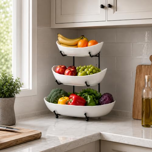 HBlife Large Fruit Bowl for Kitchen Counter - 3 Tier Fruit Basket with Black Metal Stand, Ceramic Fruit Holder, Tiered Serving Trays for Party - Image 2