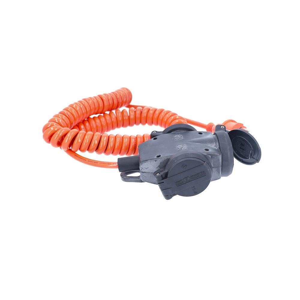 as - Schwabe Cable Espiral Extensible de 1 a 5 m H07BQ-F 3G1,5-3 Tomas con Tapas - 230 V / 16 A - con Contacto de protección - Resistente al Polvo y a Las Salpicaduras (IP44) - Naranja, 70414
