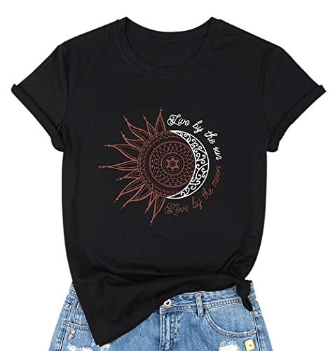 TAOHONG Live by The Sun Love by The Moon Shirt Womens Cute Sun Moon Print Graphic T-Shirts Casual Short Sleeve Tee Tops Black