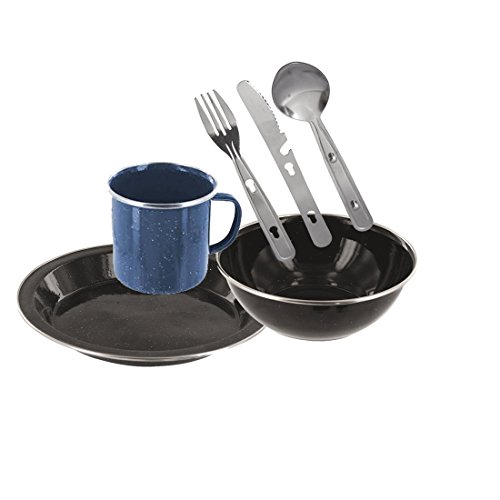 Enamel Camping Eating Set - includes Knife, fork, spoon set, Plate, Mug & Bowl (Green)