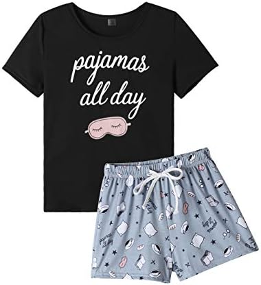 VENTELAN Pajama Set For Women Cute PJS Summer Short Sleeve Shorts Sleepwear XS Grey