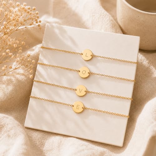 Personalized Initial Bracelet, 18K Gold Plated Stainless Steel Letter S Bracelet Dainty Coin Charm Bracelet Delicate Disc Name Bracelet for Women by Glimmerst - Used condition - Image 5