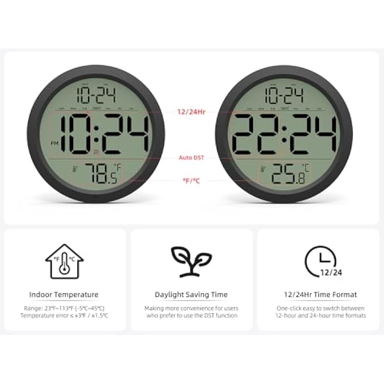 Digital Wall Clock Battery-Operated, 8 Inch Small Decorative Modern Wall Clock with Date, Temperature, Auto-DST, Silent Electric Wall Clock for Bedroom, Living Room, Kitchen, Office, Farmhouse -Black