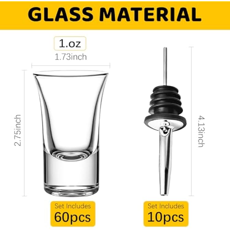 60-Pack 1 OZ Glass Shot Glasses set with 10 Pourers - Heavy Base shot Glasses bulk for Bar, Party, and Gifts