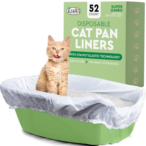 Litter Box Liners heavy duty,Alfapet elastic 52 Pack-For Extra-Giant, jumbo, super-jumbo Size litter Pans- With Sta-Put Technology for Firm, Easy Fit- Quick + Clever Waste Cleaners