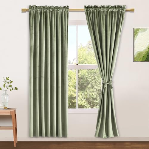 JIUZHEN Sage Green Velvet Blackout Curtains 52W x 72L 2 Panels