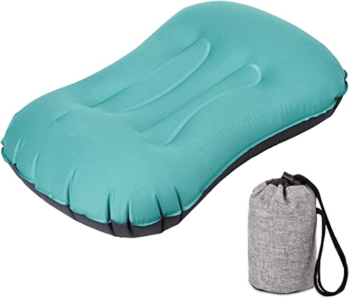 SYOSI Inflatable Travel Pillow, Ultralight Camping Pillow, Compressible Ergonomic Pillow for Neck Lumbar Support, Comfortable Neck Head Support Pillow for Camping Hiking Office Nap (Malachite Green)