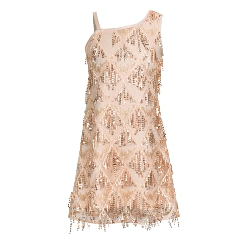 WELAKEN Girls One Shoulder Sequin Fringe Flapper Dress with Side Zipper Champagne