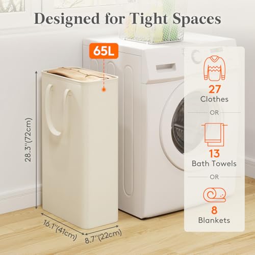 Image of Lifewit Slim Collapsible Laundry Basket with Handles, 65L, Ivory