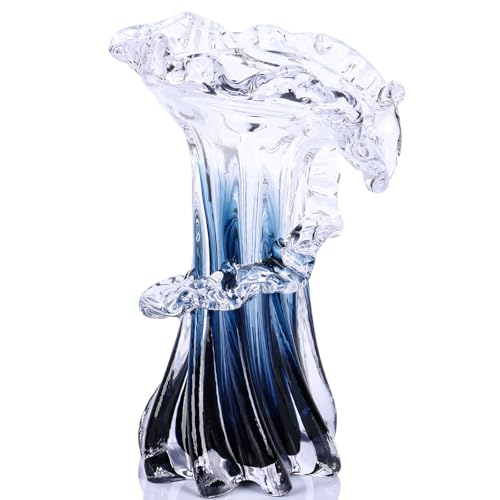 LINYTHER Jarrón ondulado, azul y blanco, transparente, de cristal de mar degradado, jarrón de cristal soplado a mano de Murano, jarrón de flores de vidrio único para decoración del océano, centro de