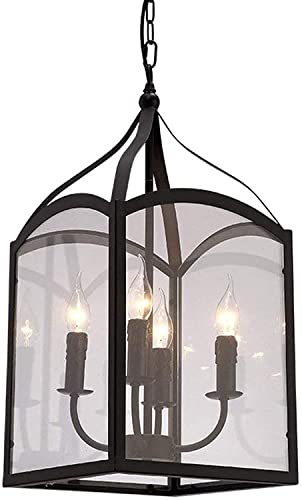 Luces de la isla , Luces colgantes 4 luces Lámpara industrial Iluminación de granja Lámpara colgante de techo Acabado negro mate con pantalla de vidrio transparente Lámpara colgante de jaula clásica d