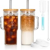 JunVpic Glass Tumbler, 24 oz Ice Coffee Cups with Bamboo Lid and Handle
