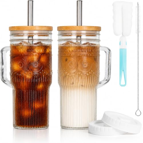 JunVpic Glass Tumbler, 24 oz Ice Coffee Cups with Bamboo Lid and Handle