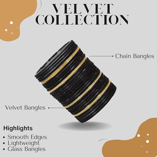 Image of NMII Glass Bangles For Women and Girls with Velvet and Golden Ballchain Linked | Plain Glass Bangles | Velvet Chudi Set | Bangles For Women | Stylish Glass Chudi Bangles- Set of 28