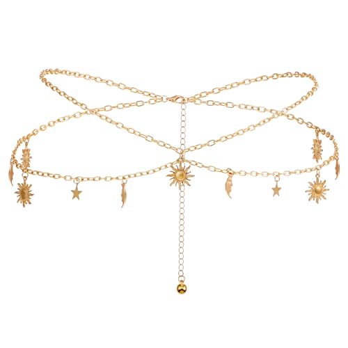 JIEYAO Doppellagige Taille Kette,Sonne Mond Sterne Verstellbare Taillenkette Gold Kettengürtel aus Metall Boho Gold Gürtel Dünne Bundkette Metallkettengürtel Für Damen Kleider Jeans(Gold)