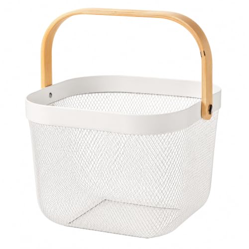 Cesto Organizador Aramado de Metal com Alça de Madeira Multiuso 24x24x18cm