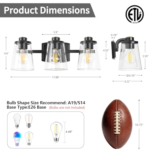 Image of 3-Light Bathroom Vanity Light Fixtures, 18 Inch Black Vanity Light | Thick Clear Glass, Bathroom Wall Lamp for Mirror, Rust-Proof, Reversible Up /Down Mount, ETL Certified, E26 Ceramic Sockets