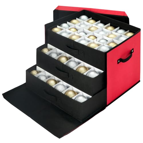 JY COOKMENT Christmas Ornament Storage Box with Adjustable Dividers, Large Holiday Ornaments Storage Container Bin with Lid for Xmas Decorations (72-3" Balls, Red, With Removable Tray)