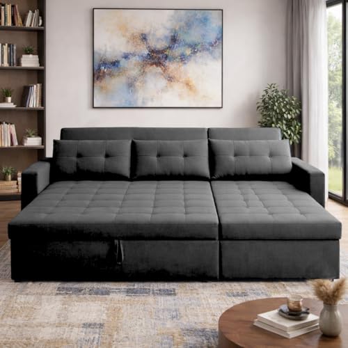 Image of Emilio 4 Seater LHS L - Shape Pull-Out Sofa Cum Bed Sofa for Living Room (Black Fabric Color) Premium Fabric Sofa Set for Living Room Sofa Cum Bed