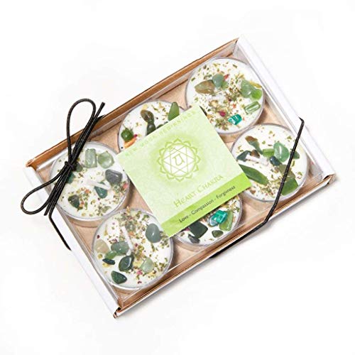 Heart Chakra Candle By New Moon Beginnings - Chakra Candles - Dried Flower, Herb, & Crystal Candles - Aromatherapy Candles - Soy Candle - Set Of 6 Tealights #TOP6