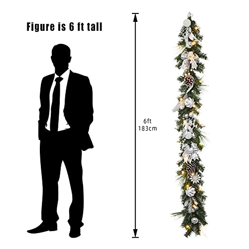 Fireplace Christmas Garland with Lights, 6 FT Lighted Battery Operated Christmas Garland with Sliver Ribbon Pine Cones Berries for Farmhouse Home Front Porch Banister Decorations