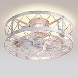 Flush Mount White Caged Ceiling Fan with Light, 20' Small Bladeless Ceiling Fan and Remote, Rustic Low Profile Ceiling Fans 4-Speed Reversible Enclosed Ceiling Fans for Bedroom Kitchen Farmhouse