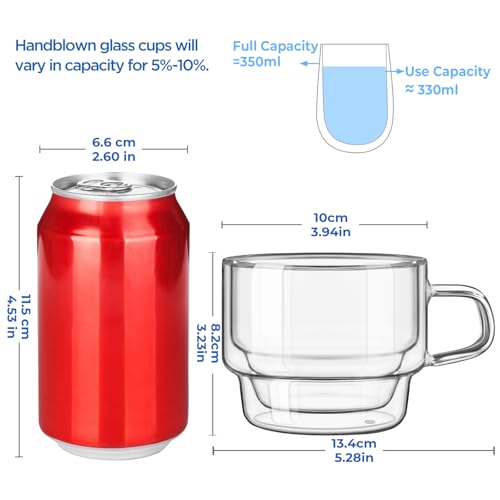 glastal 350 ml Latte Macchiato Glasses, Double-Walled Coffee Glasses, Set of 4, Stackable Coffee Cups Glass, Double Walled Tea Glasses with Handle for Cappuccino, Tea, Milk, Gift for Women, Men - Image 2