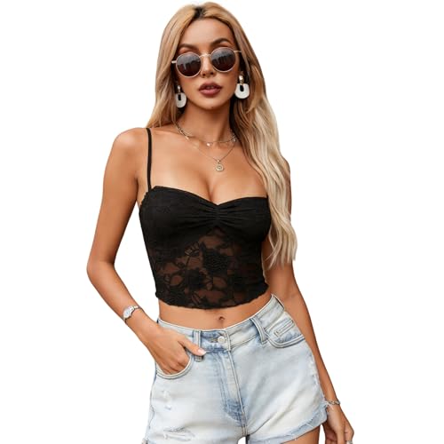 Image of Women's Y2K Black Lace Cami Tops,Sexy Sleeveless Spaghetti Strap Camisol(S)