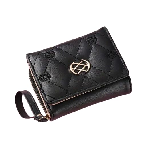 Mothers Day Gifts,Wallet Women,Women'S Embroidered Quilted Trifold Wallet, Neutral Style, Faux Leather, with Snap Closure, Zip Pocket, Faux Leather Lining, and Wristlet Accessory (Black)