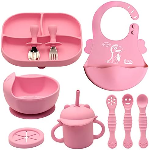 12Pcs Silicone Baby Feeding Set, Baby Led Weaning Supplies-BPA free Toddler Self Feeding sets,Baby Bib, Baby Suction plate,Baby Spoon Fork for Baby 6+ Months (Pink)
