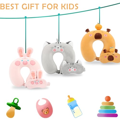 Image of Travel Pillow, Kids Travel Pillow with Sleep Eye Mask Soft Memory Foam Kids Neck Pillow for Boys & Girls, Travel Accessories for Car Airplane Traveling - Grey Cat