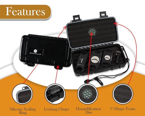 Mantello Cigars Travel Cigar Humidor Case - Cigar Case with 2 Ring, V-Cut & Punch Cutters - Waterproof & Airtight - Holds 5 Cigars- 5-Piece Cigar Accessories Cigar Gifts for Men