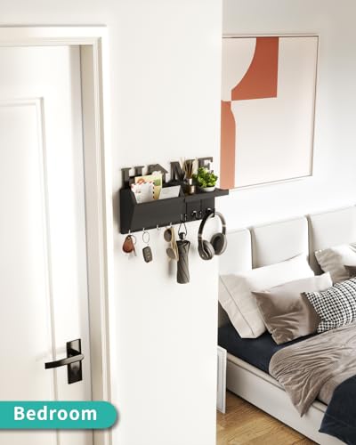 HapiRm Schlüsselhalter mit HOME Dekoration, Schlüsselbrett Holz mit 7 Schlüsselhaken, Schlüsselbrett mit Ablage Geeignet für Eingangsbereich, Haustür, Flur, Schlafzimmer, Schwarz