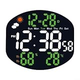Orologio da parete con display a LED con doppio allarme, temperatura, umidità e informazioni meteorologiche per uso domestico o ufficio (bianco e verde)