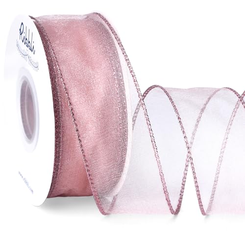Ribbli Dusty Rose Organza Wired Ribbon, Rose Gold Sheer with Metallic Edge,1-1/2 Inch x 20 Yards Christmas Tree Ribbon for Decoration Gift Wrapping Wedding Crafts by Ribbli - Used condition - US$11.90