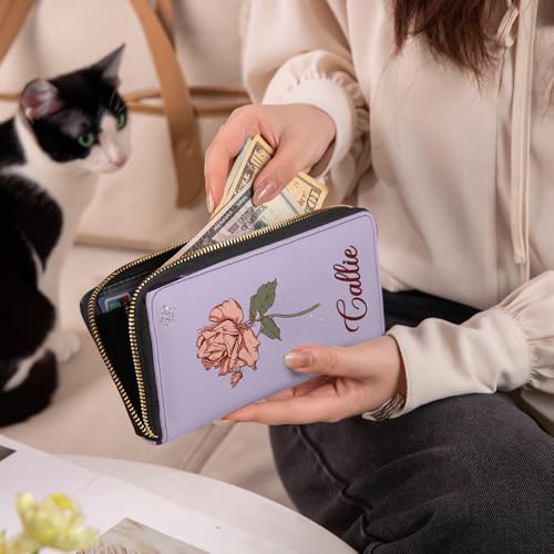 Personalized Wristlet Wallets for Women, Custom Name and Zodiac Birth Flower on Womens Long Wallet - Mother's Day Birthday Gift for Mom Grandmother3