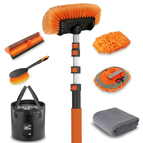 LAANPOLE 20FT Car Wash Brush with Long Handle, Car Cleaning Kit with Soft Bristle Wash Brush, Microfiber Cleaning Mop, Window Squeegee, Mitt, Wheel Brush, Bucket, Drying Towel for RV, Truck, Boat by LAANPOLE - Used condition - US$84.64