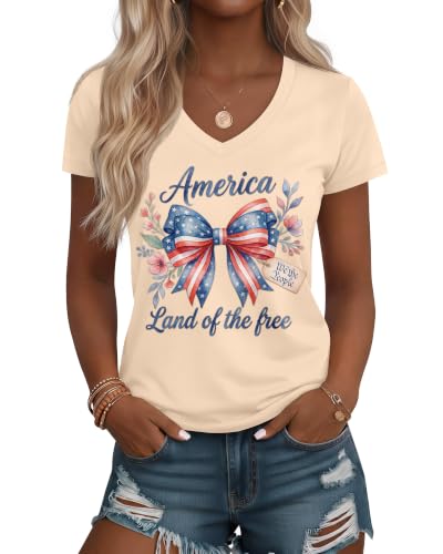 Huukeay 4th of July Shirts for Women, V-Neck Patriotic Tops Independence Day T-Shirt American Flag Graphic Tees(Apricot,Medium,American Flag Bow)