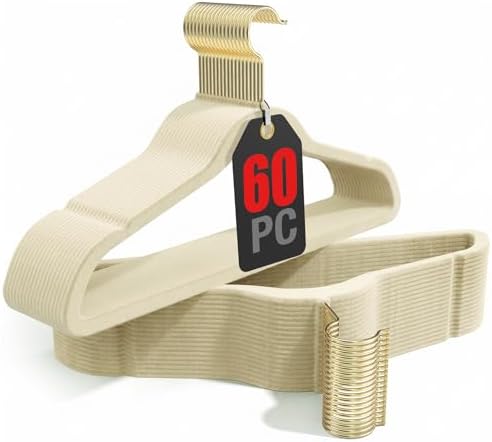 Korpai 60 Pack Beige Velvet Hangers,Felt Hangers with Gold 360 Sw...