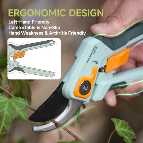 Image of PrunePro 8 inch Pruning Shears for Gardening Ultra Sharp German Stainless Steel Blade Professional Bypass Hand Pruner Arthritis Friendly Effortlessly Cut Branches Up to 1 Inch Plant Flower Garden Clipper