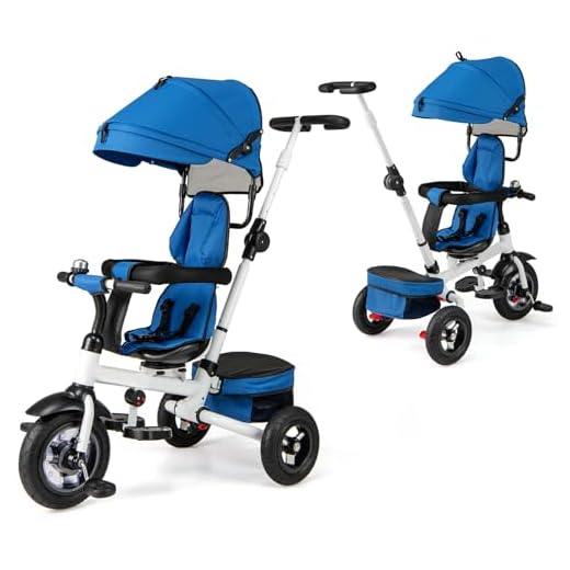 Costzon Baby Tricycle, 6-in-1 Foldable Steer Stroller, Learning Bike w/Detachable Guardrail, Adjustable Canopy, Safety Harness, Folding Pedal, Storage Bag, Brake, Shock Absorption Design, Blue
