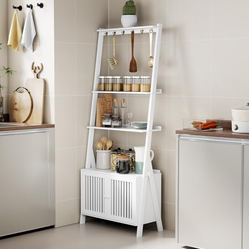 Image of Bookcase with Drawers, 4-Tier Bamboo Bookshelf Ladder Shelf with 6 Hooks, 59.5 inchH x 24.8 inchL x 10.6 inchW, Tall Narrow Freestanding Standing Storage Organizer for Living Room, Office, Bedroom, White