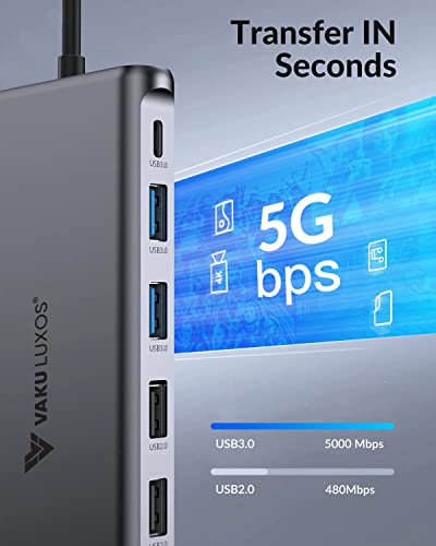 Image of Vaku Luxos USB Hub Type C AXON 12IN1 multiport USB 2.0 /3.0 High-Speed Adapter connector (5GBPS) data transfer Converter Extension, Type C PD Port, 4K HDMI, SD /TF Card Reader, VGA, Gigabit Ethernet Compatible with Macbook Air Pro (M1, M2 etc), iPad Pro Air, Laptop, and Other Type C Mobile & Devices
