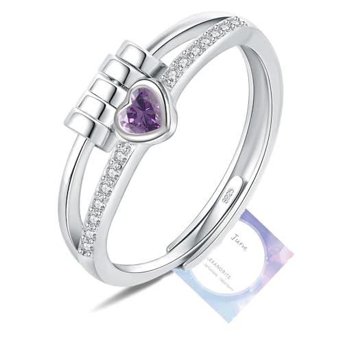 Birthstone Jewellery for Women, Adjustable June Birthstone Cubic Zirconia Ring, Sterling Silver Plated Fidget Gifts, Purple Anxiety Heart Rings for Daughter Birthday Christmas