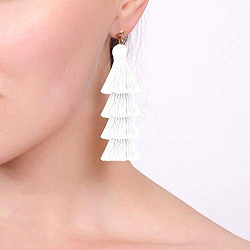 Tassel Tiered Clip On Earrings Handmade 4 Layers Elegant Thread Drop Dangle White Women Girls Jewelry #TOP1